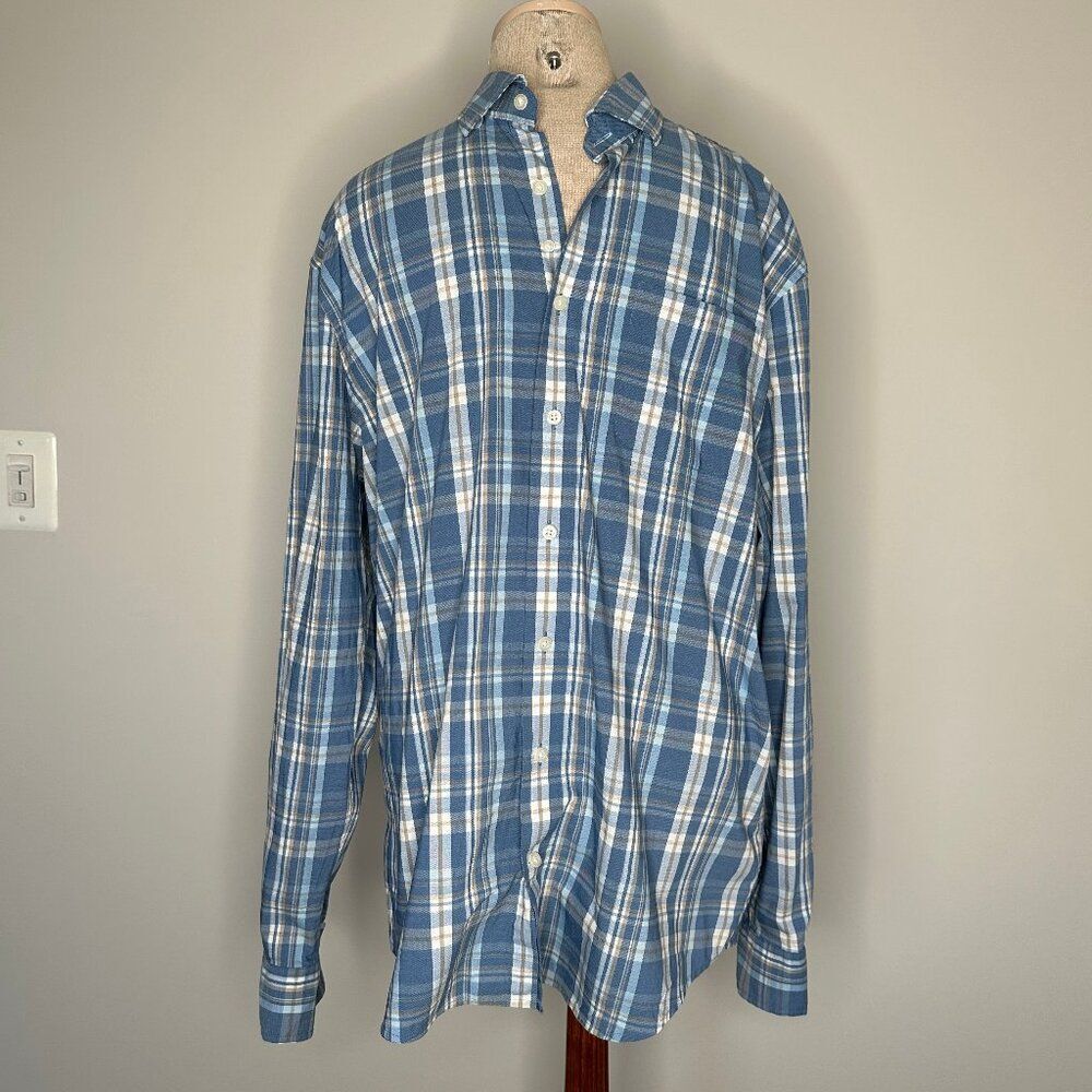 Johnnie-O Men's Performance Plaid Long Sleeve Button Down Blue and White Large